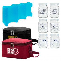 Kit Bolsa Super Mamãe para Leite Materno Nº3 com 6 Potes Decorados e 1 Gelo Artificial