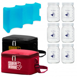 Kit Bolsa Super Mamãe para Leite Materno Nº1 com 6 Potes de Vidro e Gelo Artificial